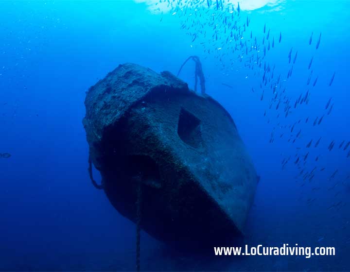 Front view of the El Peñón shipwreck with a school of fish swimming alongside.
