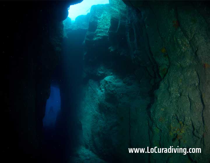 Underwater view of the blue entrance of Tubo de Garachico with rays of light shining through the ceiling.
