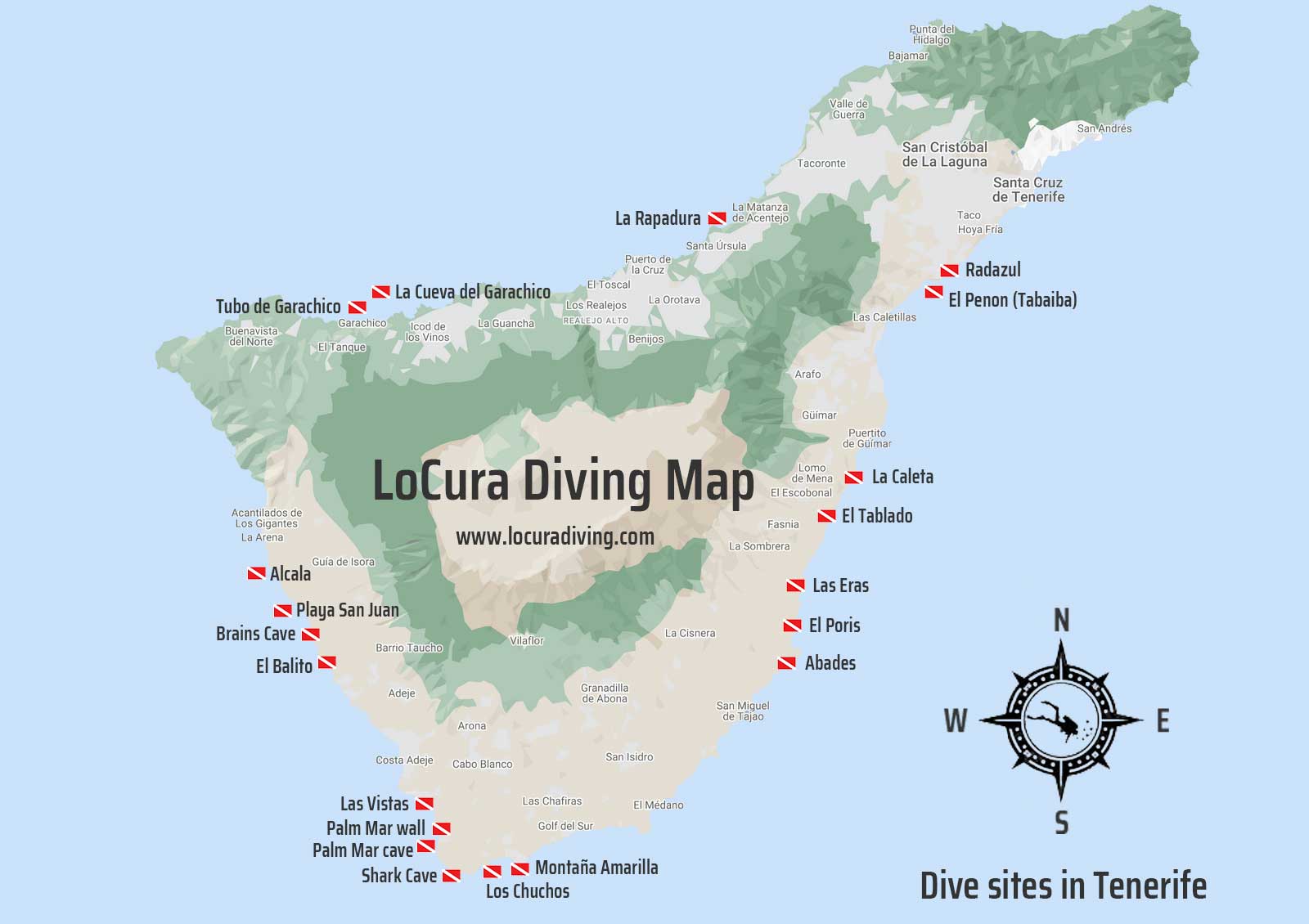 Map of dive sites in Tenerife for LoCura Diving